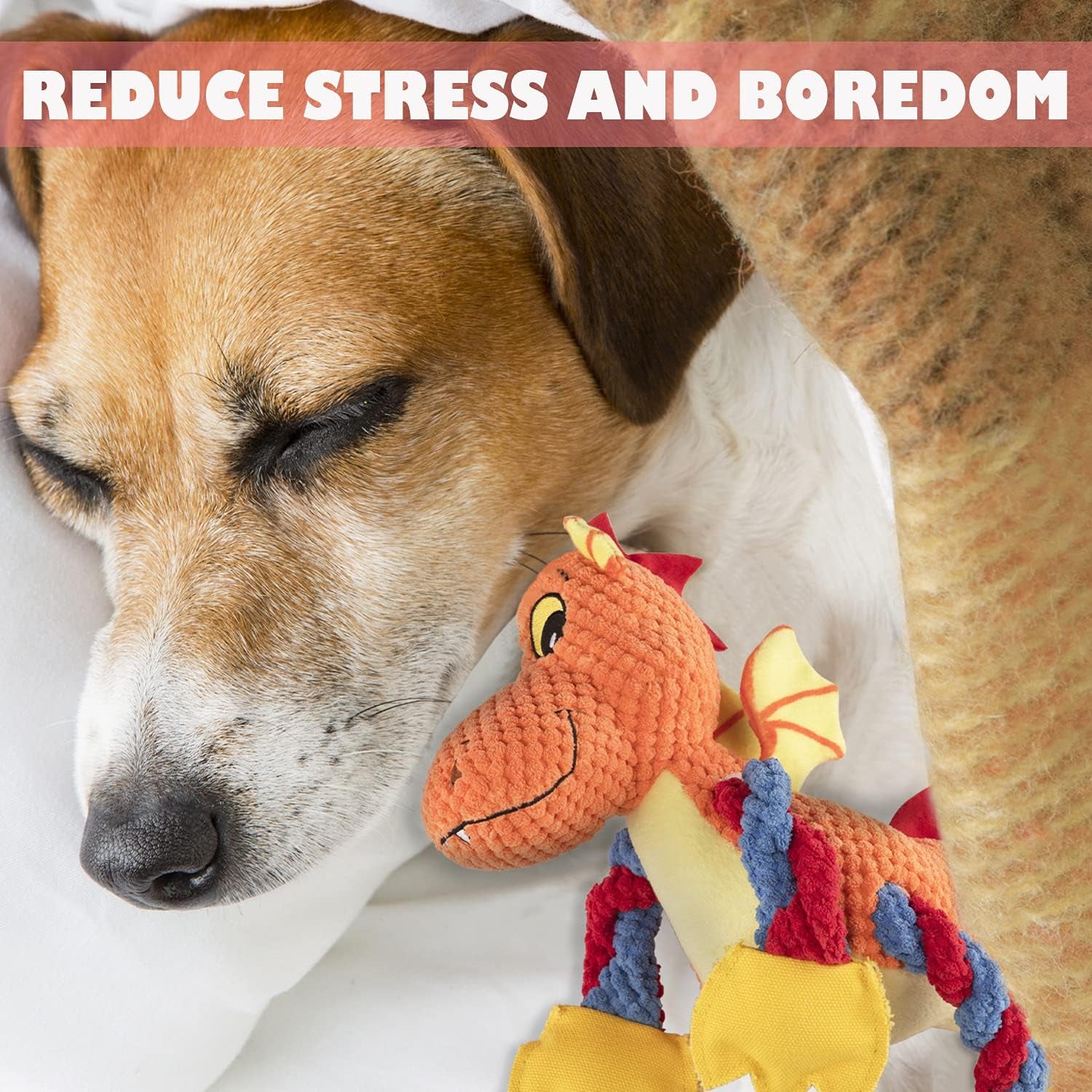 Dog Squeaky Toys, Cute Dragon Interactive Plush Stuffed Toy with 5 Squeakers and Crinkle Paper,Pet Rope Chew Toy for Puppy Small Medium Large Breed Dogs