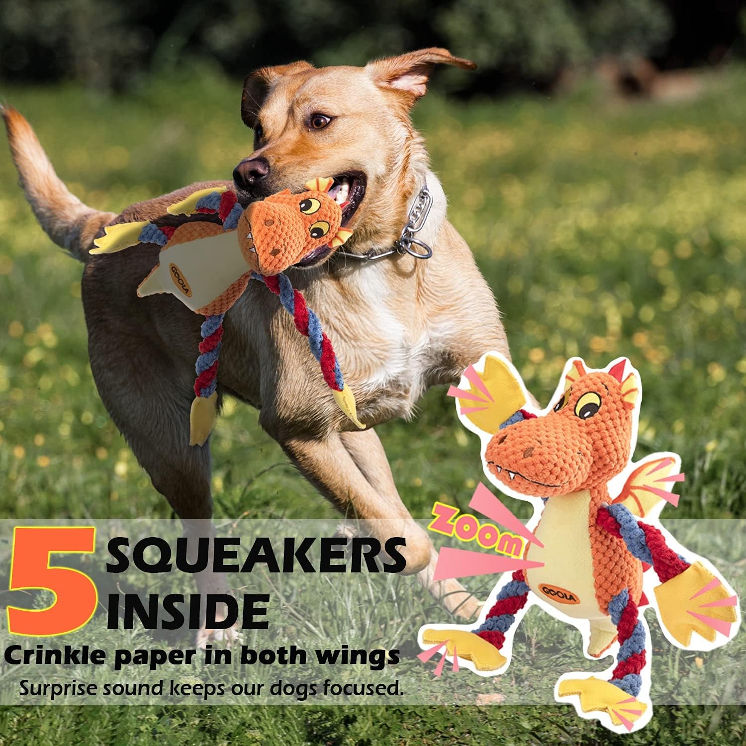 Dog Squeaky Toys, Cute Dragon Interactive Plush Stuffed Toy with 5 Squeakers and Crinkle Paper,Pet Rope Chew Toy for Puppy Small Medium Large Breed Dogs